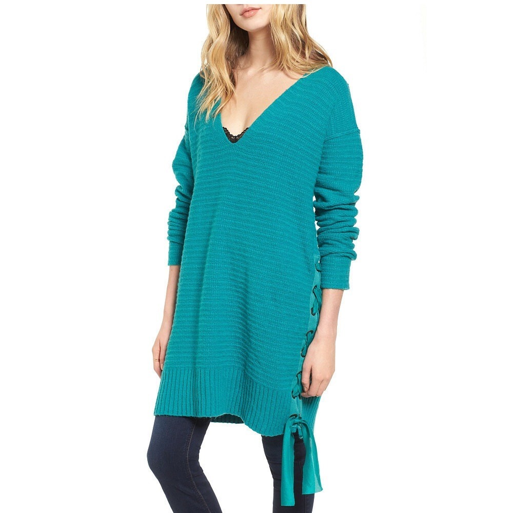 Free People Heart It Laces Blue V-Neck Tunic Sweater Size Small Fall Cozy Boho